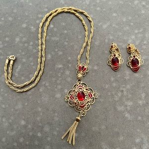 Vintage Gold and Red Gemstone, Ruby Long Necklace and Earring Set